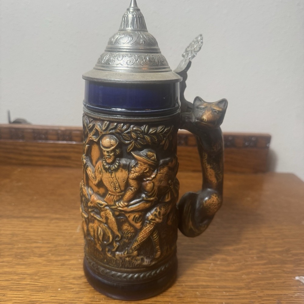 Vintage Gerz SPG German Beer Stein Hunting Scene Fox Handle Pewter Lid 9"